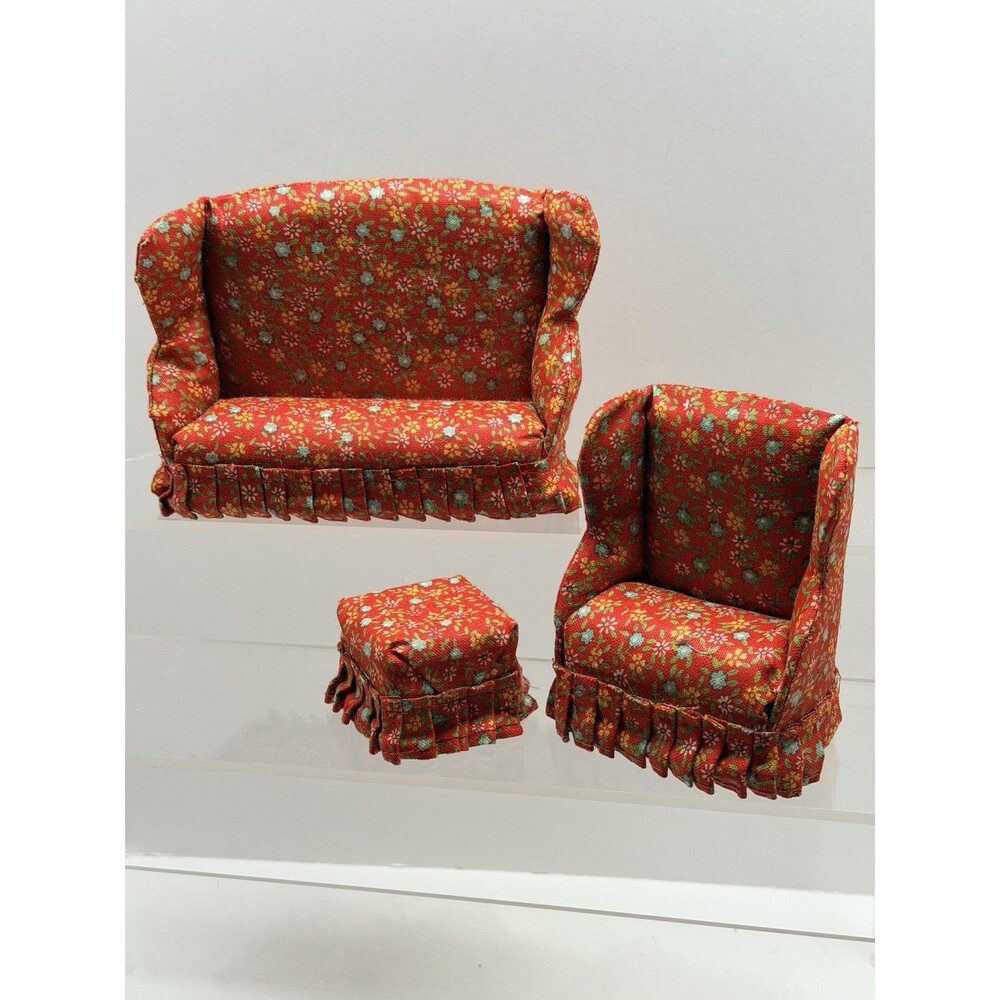 Vintage Miniature Dollhouse Red Living Room Furniture Sofa, Chair & Ottoman